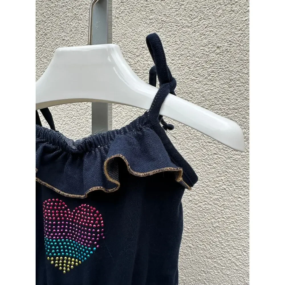 Pink House Ruffled Romper Heart Motive, Baby Size 2T, Navy Blue
